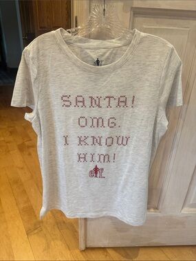ELF Grey Tee with Red Holiday Cross-Stitch Text